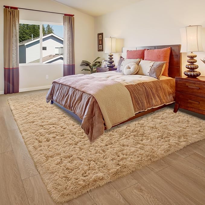 Ompaa Beige Area Rug 9x12 Rugs Large Living Room Fluffy Carpet for Bedroom Dorm, Non-Slip High Pile, Light Tan Modern Big Shag Rug for Classroom Kids Playroom Nursery Home Office Decor