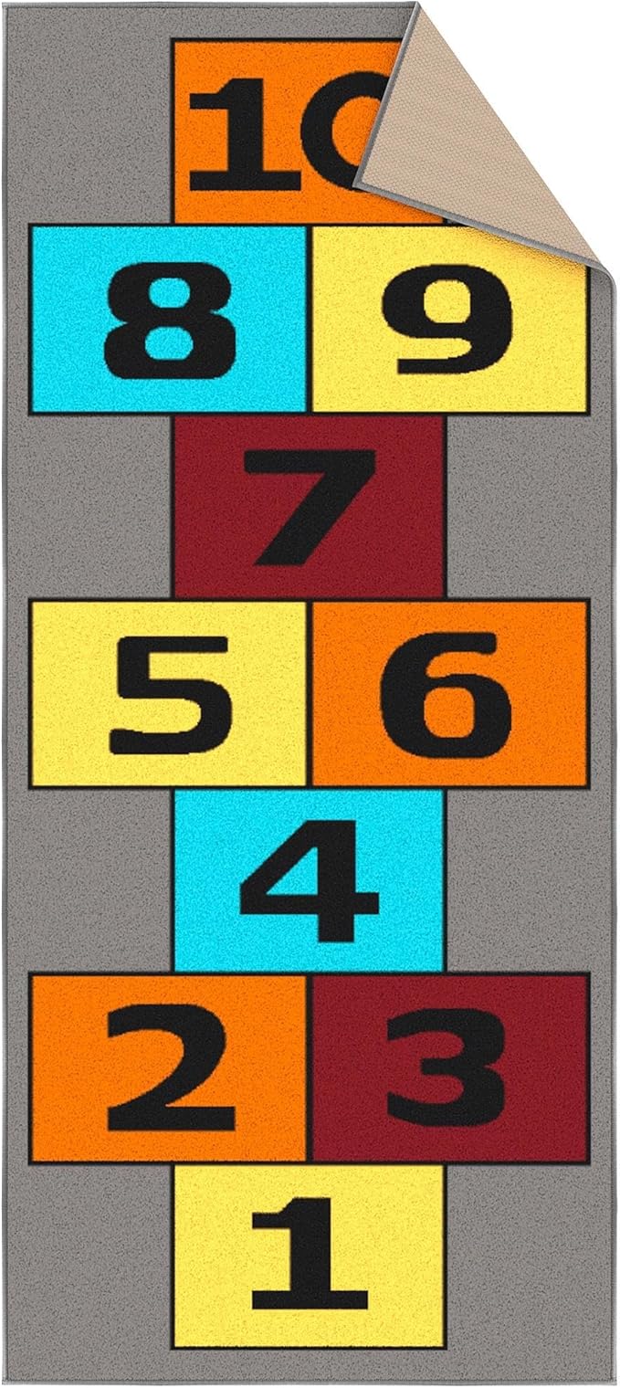 Ottomanson 2'7" x 6' Hopscotch Kids Rug - Play Mat for Playroom, Bedroom, Daycare & Classroom - Fun & Interactive Game Carpet - Durable and Non-Slip - Perfect for Learning & High-Traffic Areas, Gray