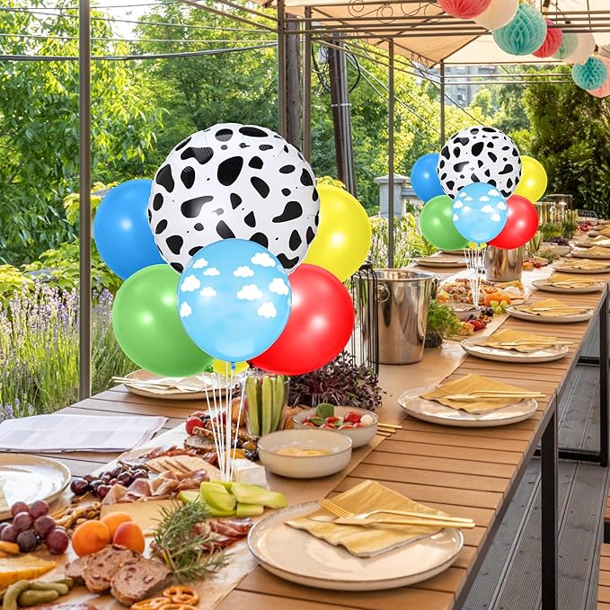 2 Sets Cartoon Birthday Party Decorations Table Centerpiece Red Yellow Blue Balloon Stand Kit with Cloud Cow Print Foil and Latex Balloon for Baby Shower Farm Animals Wedding Supplies