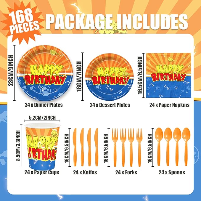 168Pcs Anime Theme Party Supplies Blue and Orange Dragon Paper Plates and Napkins Cartoon Anime Birthday Decoration Tableware Set for Kids Boys 24 Guests Birthday Party