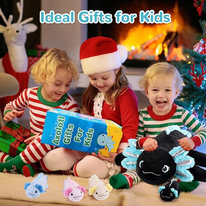 5 Pieces Axolotl Stuffed Animals with Babies Inside Belly - 1 Mommy Stuffed Axolotl with 4 Babies - Black Axolotls Plush Toy for Kid Age 3-8, Gift Ideal for Christmas, Valentine's, Birthday