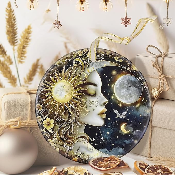 3.5" Ceramic Christmas Ornaments, Christmas Tree Ornaments, Heirloom Keepsake, Gift Exchange, Gift Idea, Bauble Present - Sun and Moon
