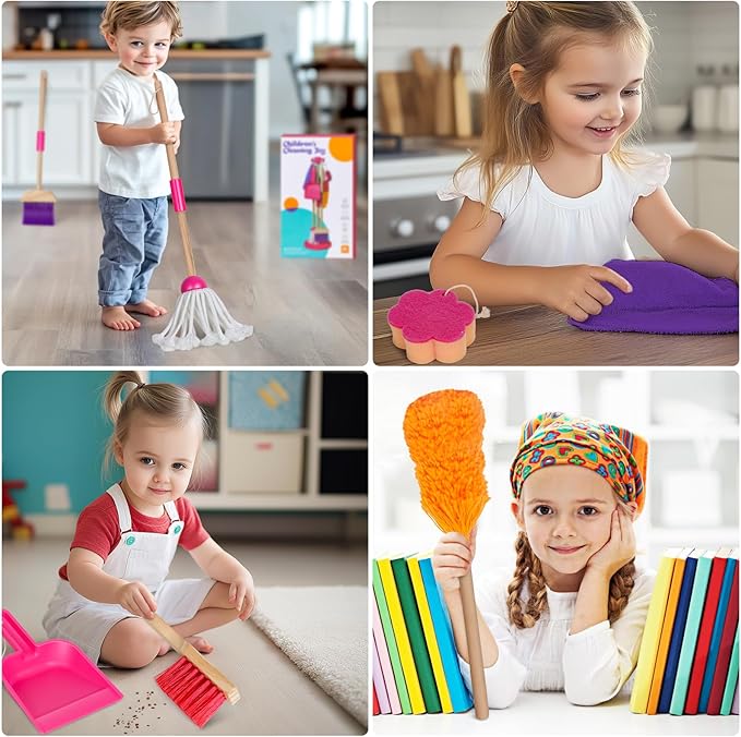 Masthome 8 Pieces Kids Cleaning Set,Wooden Cleaning Toys for Kids Broom Dustpan Mop Brush Duster Rag Sponge and Hanging Stand,Skill Developmental Pretend Play Kit for Toddlers,Children