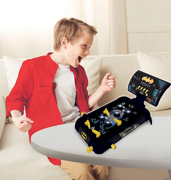 LEXiBOOK Batman Electronic Pinball Machine, Fun Sounds and Light Effects, 5 Obstacles, Works with 3 LR14 Batteries, Black/Yellow, JG610BAT