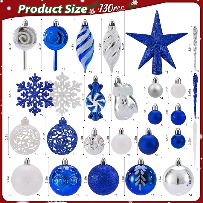 Shatterproof Christmas Ball Ornaments Set, 130 Pack Christmas Tree Decorations, Assorted Hanging Christmas Balls Bulk for Holiday Indoor Outdoor Xmas Party Decor (130 Blue)