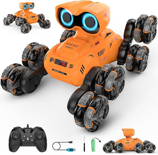 Robot Toy, 8 Wheels Stunt Robot Toys with 2.4Ghz, Auto-Demonstration, 360° Rotation, LED Eyes，Easy Kid-Friendly Controls for Indoor/Outdoor Play, Gifts and Toys for Kids Aged 8-13, Orange