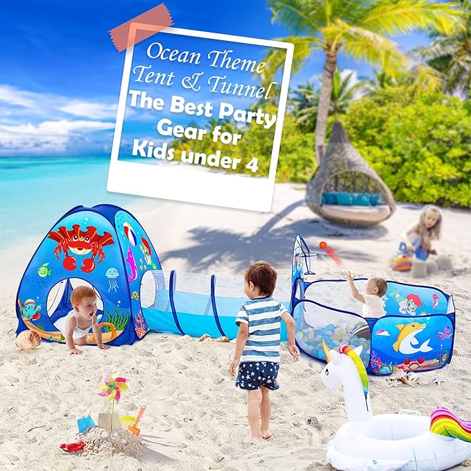 SISTICKER 3pc Kids Play Tent: with Baby Ball Pit and Crawl Tunnel - Toddler Pop Up Climbing Toys - Indoor Outdoor Playhouse - Gift for Year Old Boys Girls (Balls NOT Included)