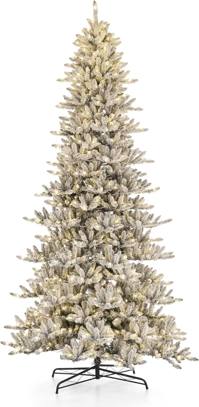 Glitzhome 11ft Pre-Lit Flocked Artificial Christmas Tree Slim Fir Tree Lighted Hinged Holiday Xmas Tree with 950 Lights Foldable Base for Home Office Party Decoration