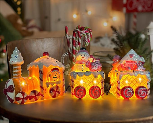 Christmas Table Decorations Indoor Train, Candy Cane Christmas Decorations for Tabletop, Xmas Pink Lighted Centerpieces Table Decorations for Home Outdoor, Xmas Train Decor Figurines