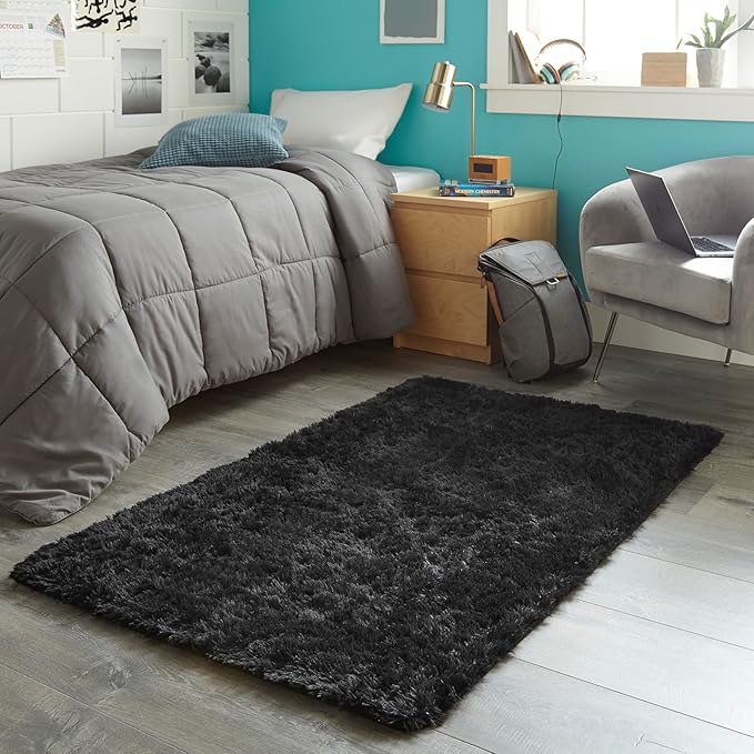 Ophanie 3x5 Black Rugs for College Dorm, Bedroom Small Area Rug, Non-Slip Fluffy Shaggy Bedside Soft Shag Fuzzy Plush Carpet for Kids Boys Teen Home Decor Aesthetic, Nursery