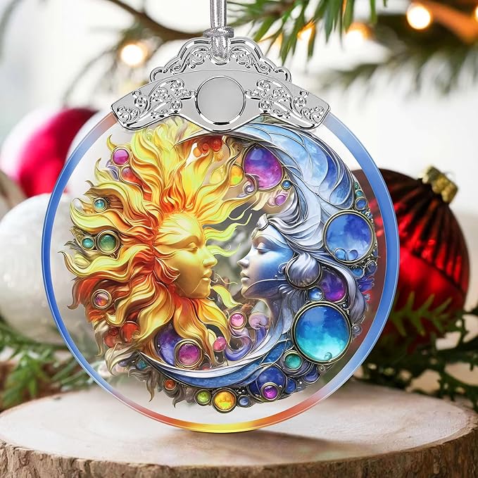 2025 Ornaments for Christmas Tree - Sun and Moon Stained Glass Christmas Tree Decorations Idea - Gift Exchange