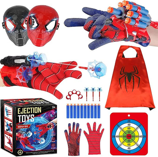 Superhero Spider Web String Launcher Slinging Toy Set, Includes 2 Web Shooters, 2 Gloves, 2 Hero Masks and 1 Cape, Ideal for Kids Indoor Outdoor Imaginative Role-Playing