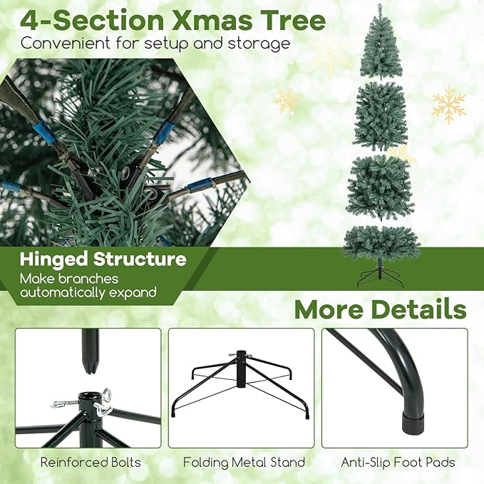 GOFLAME 9FT Pre-Lit Pencil Christmas Tree, Hinged Artificial Xmas Tree with 1168 Branch Tips, 500 LED Lights, 9 Lighting Modes & Folding Metal Stand, Slim Holiday Decoration Tree for Home Party