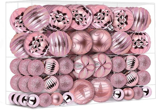 100Pcs Christmas Ball Ornaments Set, Shatterproof Plastic Pink Christmas Ornaments for Xmas Tree, Assorted Baubles Hanging Decorations for Holiday/Party/Wedding (Pink)