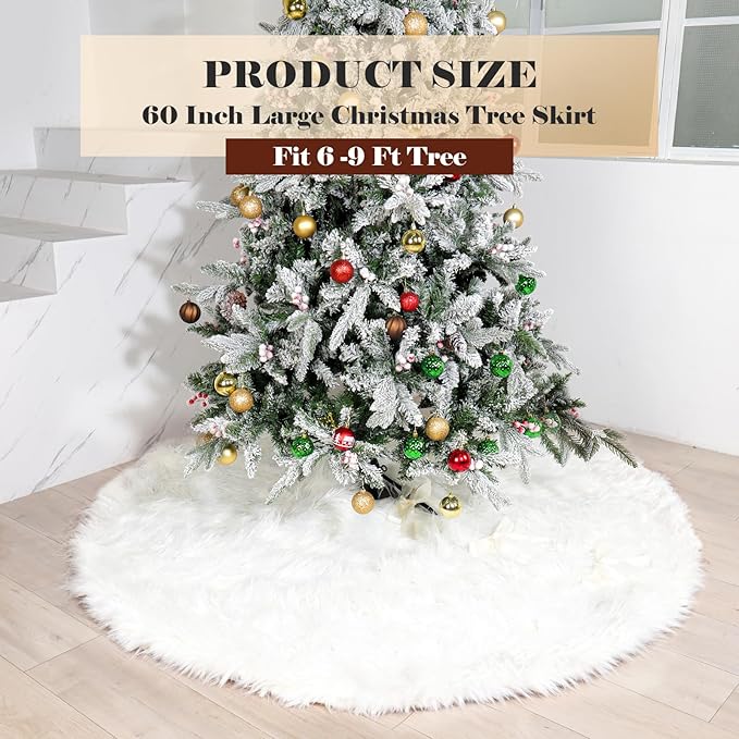 60 Inch White Faux Fur Christmas Tree Skirt with 4.5" Extra Long Pile– Ultra Plush Snow-Like Tree Collar for 6-9 Ft Trees
