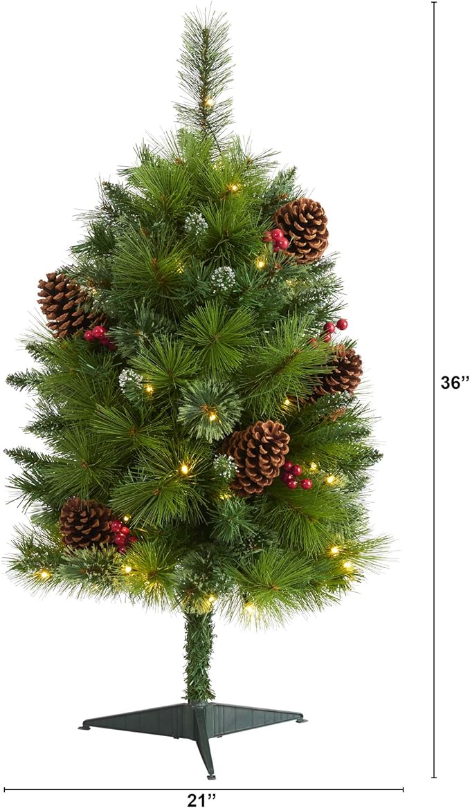 Nearly Natural 3ft. Montana Mixed Pine Artificial Christmas Tree with Pine Cones, Berries and 50 Clear LED Lights
