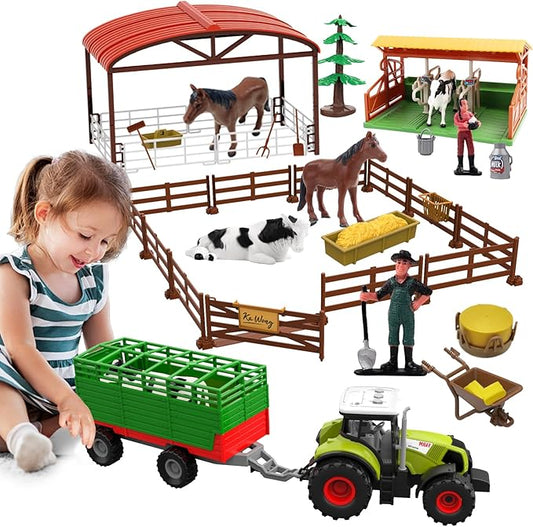 Dwi Dowellin Farm Animal Toys Set,69 Pcs Farm Toys with Tractor with Trailer,Horse Stable Grain Bins Horse Cow Farmer Figures Fence Playset for Kids Toddlers Boy Girl 3-12 Years Old