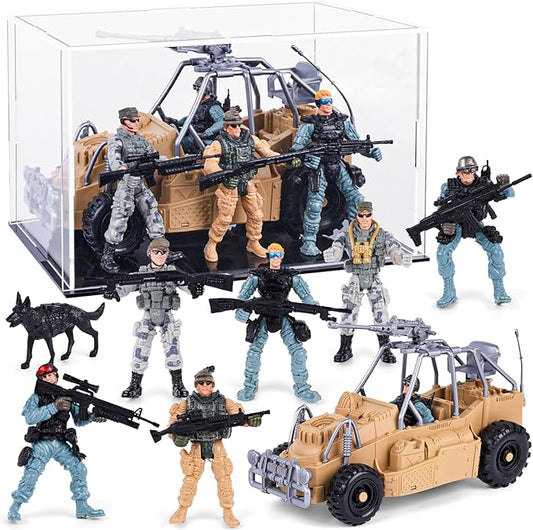3 otters Army Men Playset and SWAT Team Toy Soldiers Action Figures with Military Weapons Accessories and Acrylic Display Case for Kids Boys Girls,16Pcs
