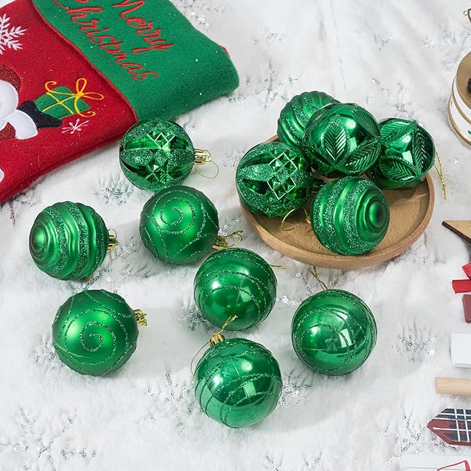 100Pcs Christmas Ball Ornaments Set, Shatterproof Plastic Dark Green Christmas Ornaments for Xmas Tree, Assorted Baubles Hanging Decorations for Holiday/Party/Wedding