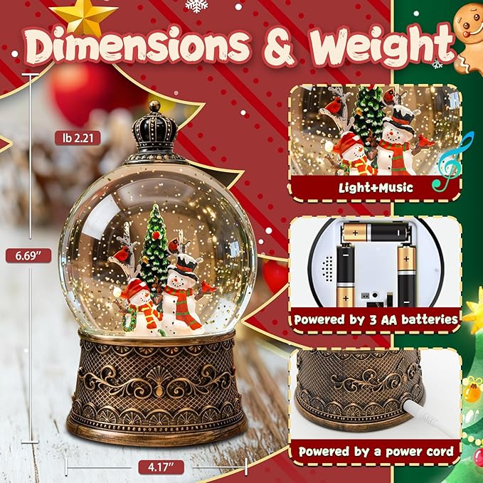 Christmas Snow Globes Lantern, Snowman and Christmas Tree Christmas Decorations Indoor, 6H Timer Battery & USB Powered Light Up Musical Snow Globes for Kids Women Adults Gift Thanksgiving Home Decor