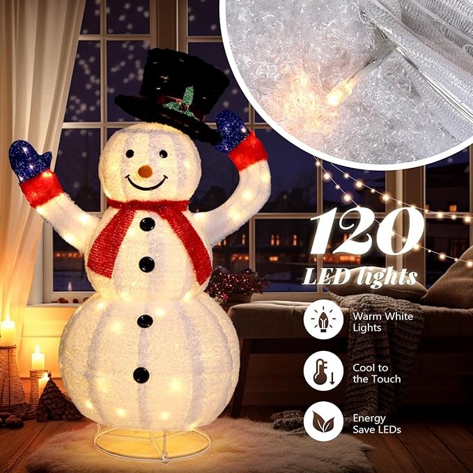 Outvita Outdoor Christmas Decorations 4ft Electric Snowman with Motor & 120 LED Lights, Lighted White Foldable Pop-up Snowman for Xmas Indoor and Outdoor Lawn Garden Yard Holiday Decor