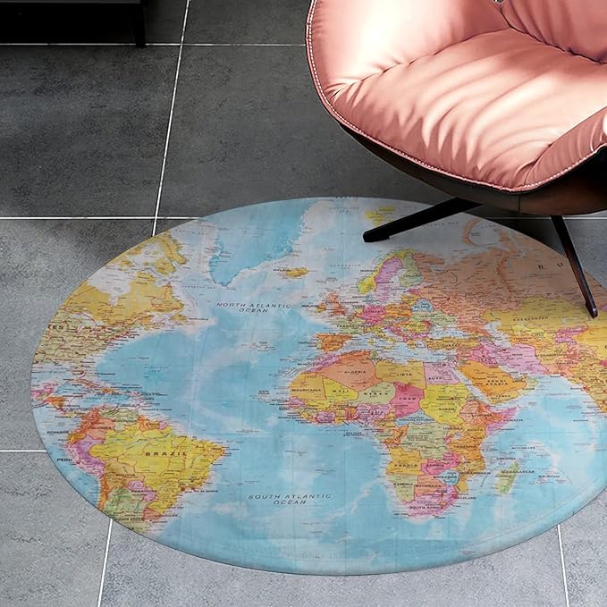 Map of The World 3Ft Round Rug Non-Slip Soft Kids Floor Playing Mat for Bedroom Living Room,Round Carpet for Nursery Dorm