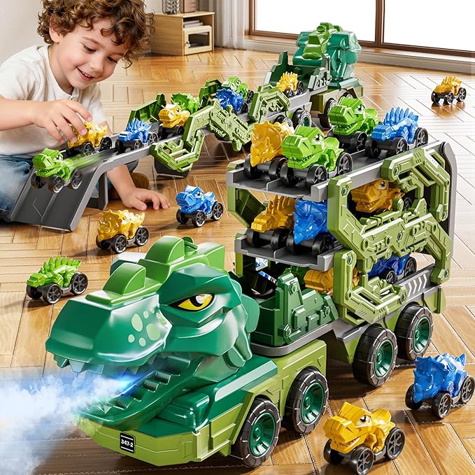 10 in 1 Dinosaur Truck Toys for Kids Aged 3-5 4-8 with Foldable Race Track, Carrier Truck with 9 Dinosaur Toy Cars for Boys, Spraying, Light and Sound, Birthday Gifts for Girls Toddlers 5-7
