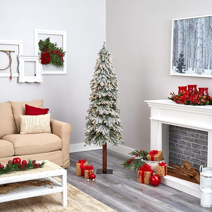 Nearly Natural 6ft. Flocked Grand Alpine Artificial Christmas Tree with 300 Clear Lights and 601 Bendable Branches on Natural Trunk