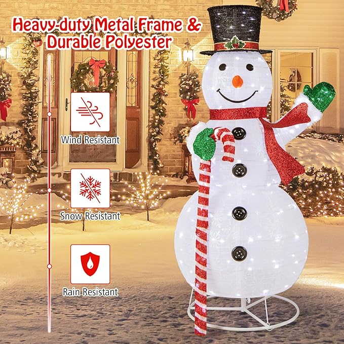 Tangkula 5 FT Pop-up Lighted Christmas Snowman, Large White Pre-lit Christmas Decoration with 180 LED Lights, Hat, Scarf, Indoor Outdoor Xmas Holiday Decor for Party, Yard, Garden, Porch, Lawn