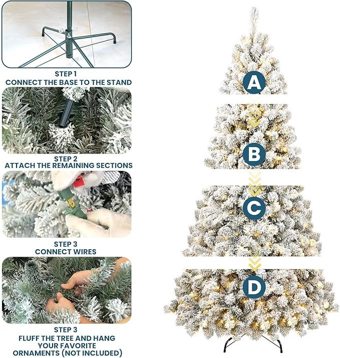 Kadunmina 8ft Pre-lit Artificial Christmas Tree, Hinged Snow Flocked Xmas Trees with 500 Incandescent Warm White Lights, 1460 Branch Tips and Metal Stand for Home, Office, Holiday Decor,Green & White