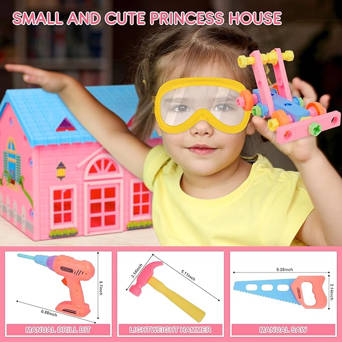 Toddler Girl Toys STEM Toys for Kids Toy,Kids Tool Set with Play Drill and Tool Box,Pink House,Protective Goggles for 3 4 5 6 7 Years Old Toddlers Kid