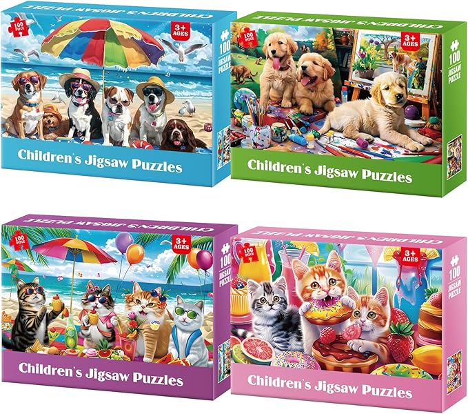 100 Piece Puzzles for Kids Ages 4-6 - Cats & Dogs Party Jigsaw Puzzles - Cute Puzzles for Kids Ages 8-10 Kids Puzzles Ages 5-8 Educational Search & Find Toy Preschool Puzzles 4-Pack 15"x11"
