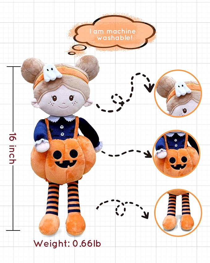 Soft Baby Doll Toys (16''), My First Baby Rag Doll for 1 Year-Old Girl Birthday Gift, Christmas Plush Toys Gift for Toddler Kids Infants-Halloween Special-Pumpkin Girl