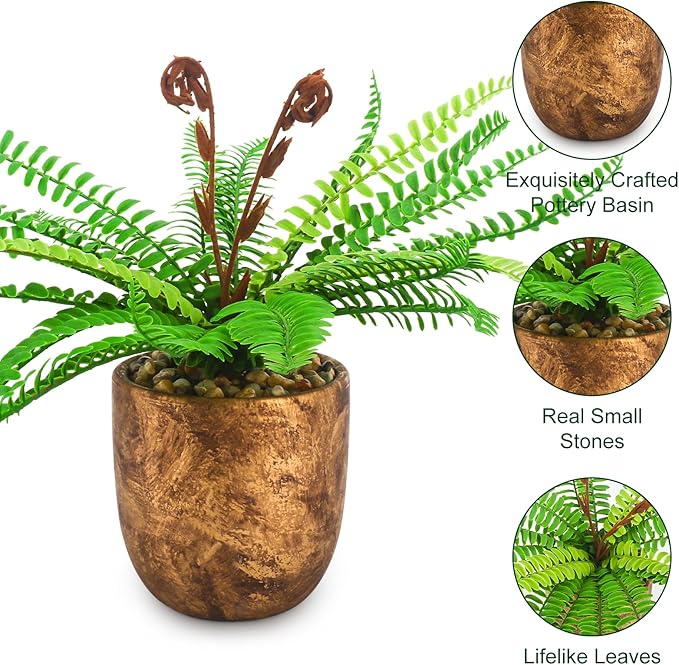 Artificial 21 Fronds Boston Ferns with Pot for Home and Outdoor Decor, Large Faux Fern Plants Decoration for Office & Living Room, Patio, Garden, Suitable for Christmas Decor (Golden Pot)
