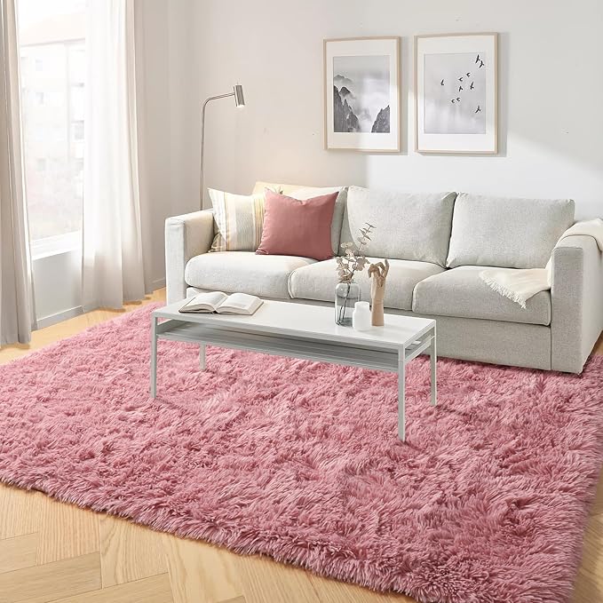 PAGISOFE Shaggy Fluffy Area Rugs Carpets for Girls Room Baby Nursery Teens Rooms 4x6 Feet Pink Plush Fuzzy Shag Rugs for Kids Bedroom Home Decor Aesthetic Coral Furry Rug, Blush