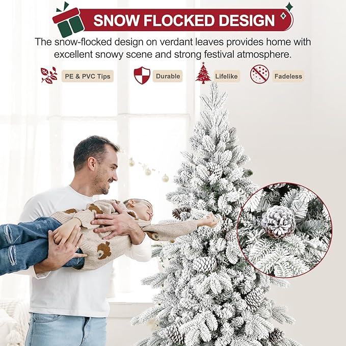 7.5 FT Snow Flocked Slim Fir Christmas Tree with 1424 PE & PVC Mixed Branch Tips,Unlit Artificial Skinny Pencil Xmas Tree with 40 Pine Cones,Hinged Premium Xmas Trees for Home,Office,Party Decoration