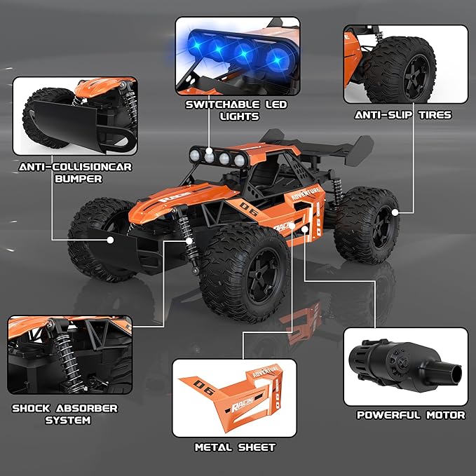 1:12 Scale RC Car for Kids Ages 3-5-7, Fast Remote Control Monster Truck 2WD 20km/h Off-Road Toy, Alloy Shell, LED Lights, Off Road for Boys 4-7 & Beginners, 30 Minutes Play Time