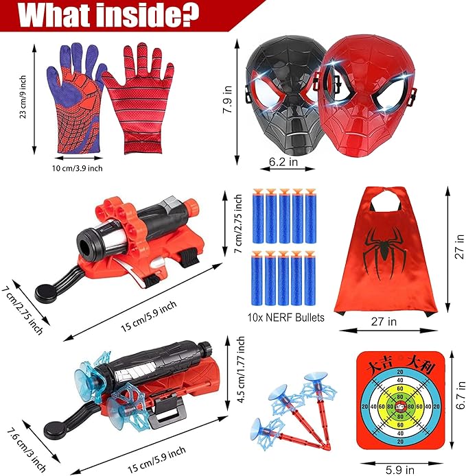 Superhero Spider Web String Launcher Slinging Toy Set, Includes 2 Web Shooters, 2 Gloves, 2 Hero Masks and 1 Cape, Ideal for Kids Indoor Outdoor Imaginative Role-Playing
