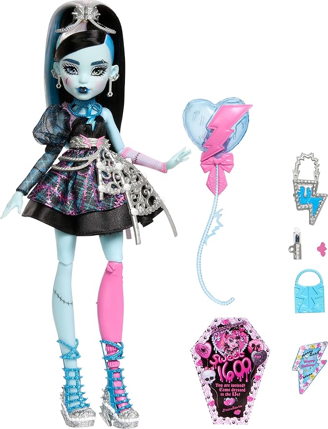 Monster High Scary Sweet Birthday Doll, Frankie Stein in Black Party Dress with Themed Accessories Like Invite, Balloon, Toy, Lipstick and More
