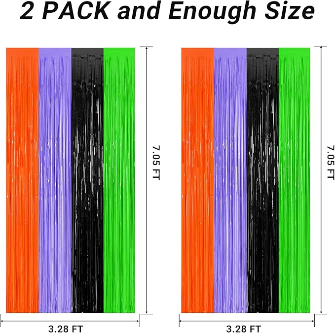 2 Pack Halloween Backdrop, 3.28 FT x 7.05 FT Orange Purple Black Green Party Streamer, Metallic Foil Curtains Tinsel Backdrop, Halloween Party Decorations Photo Props for Door Wall