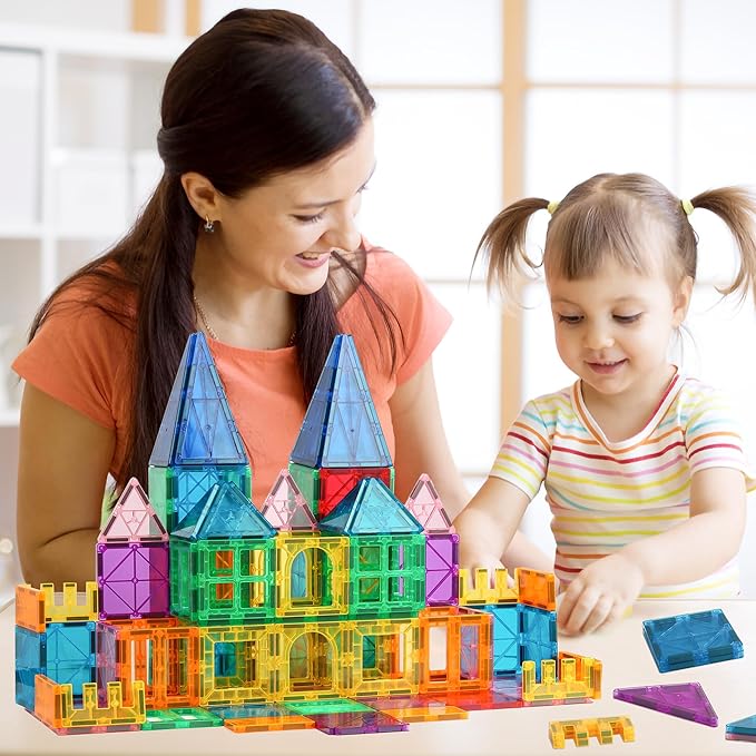 Ziggzo Magnetic Tiles for Kids Ages 4-8 | 100 Magnet Tiles with Storage Bag and 2 Cars | STEM Building Blocks for Creative Learning