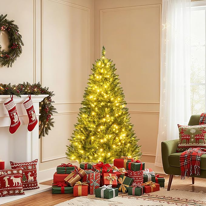 Goplus 5 FT Pre-Lit Artificial Christmas Tree, Hinged Xmas Tree with 510 Branch Tips, 400 Warm White LED Lights, 7 Lighting Modes & Folding Metal Stand, Seasonal Decoration Tree for Home Party Holiday