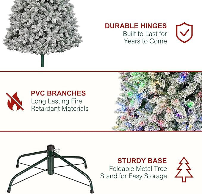 Hykolity 6ft Pre-lit Flocked Christmas Tree with Remote Control, 250 Multi-Color RGB Lights,1032 PVC Branch Tips, 15 Mode Artificial Hinged Christmas Tree for Home