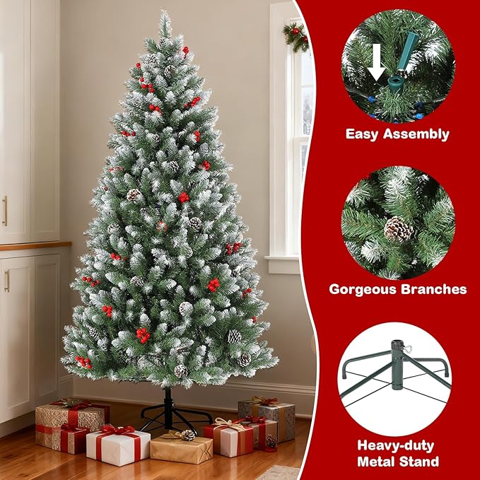 7Ft Christmas Tree Slim - Pencil Xmas Tree with Pine Cones & Berries | Artificial Xmas Tree with Metal Stand,Easy to Install
