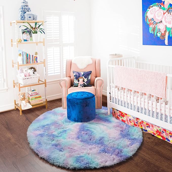 ONASAR Rainbow Round Area Rug 4ft, Soft Bedroom Circle Throw Rugs for Kids Girls Boys Teen Dorm Room, Fluffy Plush Shaggy Carpet Mats for Nursery Living Room Playroom Home Decor Princess Castle