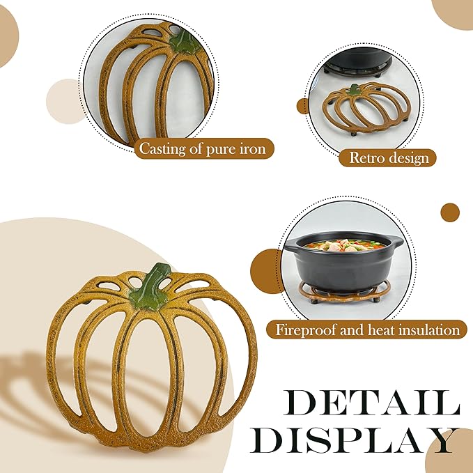 2 Pack Cast Iron Trivet, 7 inch Pumpkin Metal Trivet for Hot Dishes, Heat-Resistant Decorative Trivets for Kitchen and Dining Countertop Protection