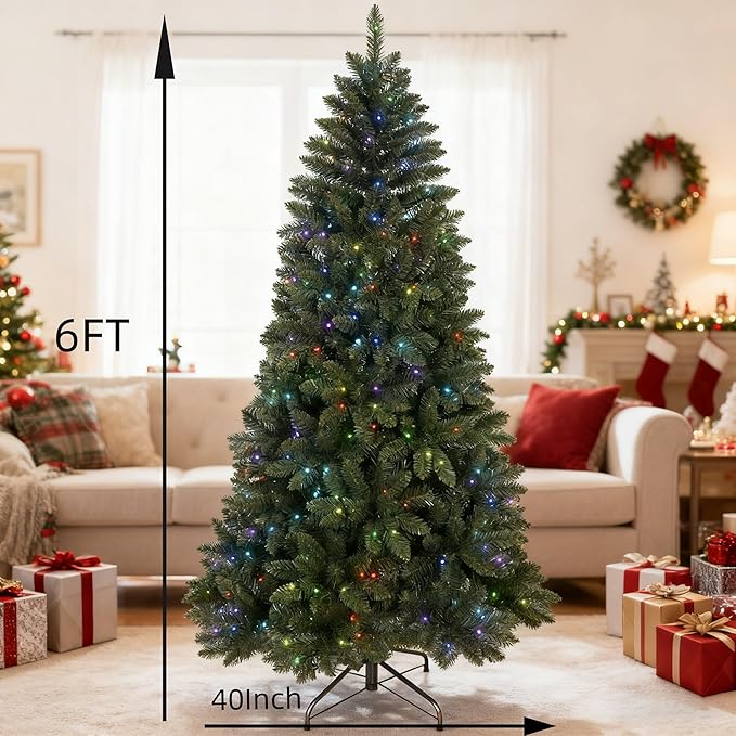 6 ft Prelit Christmas Tree with 300 Multi-Color Changing RGB LED Lights, Twinkle Artificial Christmas Tree with 751 Tips