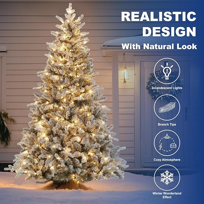 Eclolumi6.5 FT Christmas Trees with Lights, with Remote Control, Pre-Lit Green Artificial Hinged Spruce Christmas Tree with 1428 Tips, 450 LED for Home, Party Decoration (White 6.5FT)