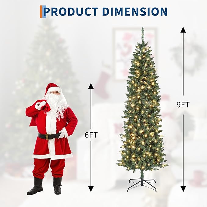 9FT Pre-Lit Artificial PVC Pencil Christmas Tree with 380 Warm White LEDs - Slim Two-Tone Design, Easy Assembly Holiday Decor for Home, Office & Parties (Green, 1153 Tips)