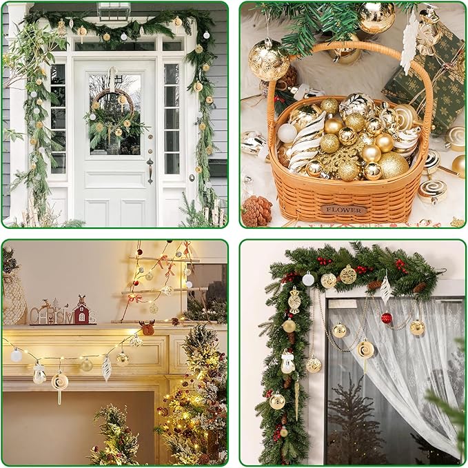 Shatterproof Christmas Ball Ornaments Set, 130 Pack Christmas Tree Decorations, Assorted Hanging Christmas Balls Bulk for Holiday Indoor Outdoor Xmas Party Decor (130 Golden)